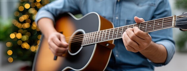 Obraz premium Playing acoustic guitar during festive gathering with blurred lights in background