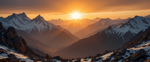 Serene golden sunrise over majestic mountain peak and snowy valley. beautiful scenic landscape of nature showing warm outdoor light