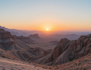 Serene desert mountain landscape at sunrise. peaceful sun rising over vast canyon and valley, creating beautiful and scenic nature view