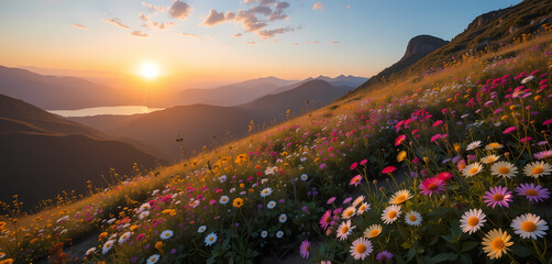 Serene mountain landscape with colorful wildflowers on scenic hill at sunset. beautiful summer view of peaceful nature meadow and lake