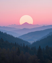 Peaceful mountain landscape illustration at sunset. large sun over forest and valley creating scenic pink nature background for design