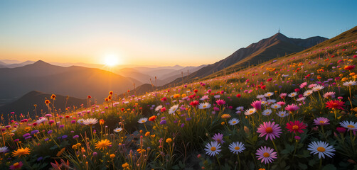Beautiful mountain landscape with colorful flower field at sunset. peaceful and serene nature view of sun glowing over horizon