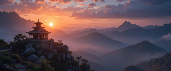 Serene temple silhouette on mountain peak at golden sunrise. Beautiful peaceful Asian pagoda landscape with misty sky and majestic view