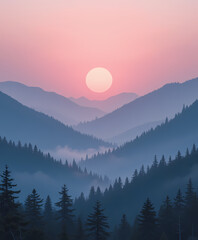 Serene mountain landscape illustration at sunset or sunrise. calm sun sets over misty, foggy valley and forest creating beautiful view