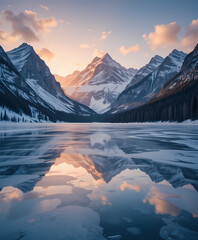 Serene landscape of snowy mountain peak with beautiful reflection in frozen lake at sunset. peaceful and majestic view of nature