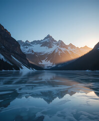 Serene and beautiful winter landscape of snow capped mountain range reflecting in frozen lake at sunrise, majestic alpine scene