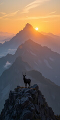 Majestic deer silhouette on mountain peak at sunset. serene wildlife landscape with warm orange light and feeling of peaceful solitude