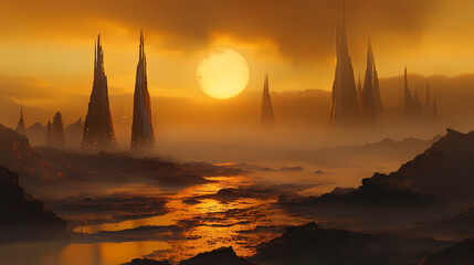 Mysterious fantasy landscape on an alien planet at sunset. glowing sun shines through orange mist over tall rock spires and river
