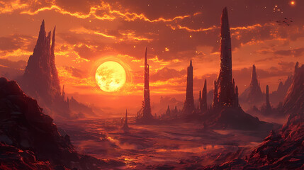 Dramatic epic alien planet landscape with futuristic skyscraper at sunset. mysterious, fantasy world for sci fi background