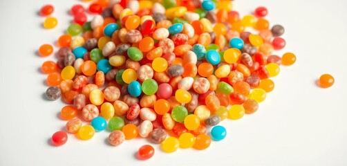Obraz premium A vibrant mound of assorted chewy candies spills onto a pristine white surface, delicious candy, macro