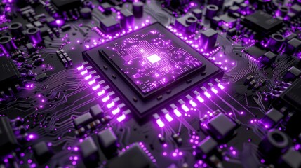 Close up view of a radiant purple microchip embedded on an advanced circuit board