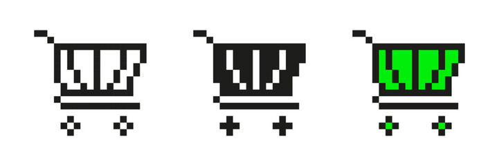 Pixel Art Shopping Cart Icon Set. E-Commerce And Online Shopping Pixelated Symbol Collection. Digital Retail And Marketplace Illustration