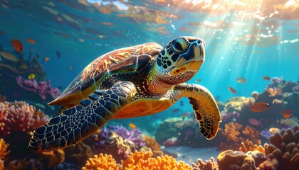 Obraz premium A sea turtle gracefully glides through a vibrant coral reef ecosystem, bathed in the warm sunlight filtering through the crystal-clear water.