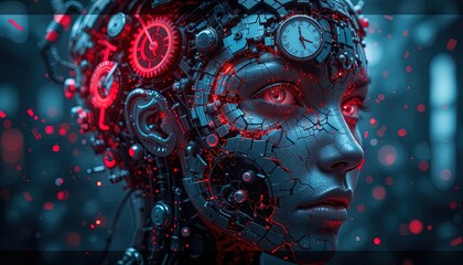 Fototapeta premium A detailed illustration of a futuristic cyborg woman's face, showcasing intricate mechanical components integrated with a cracked, metallic surface.