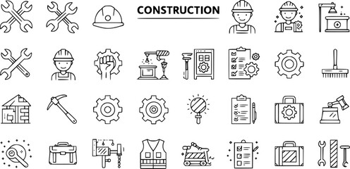 Fototapeta premium Untitled-1A22, construction line icons wrench, helmet, worker, fist, gear, rake, pickaxe, checklist, vest, bag, outline style 