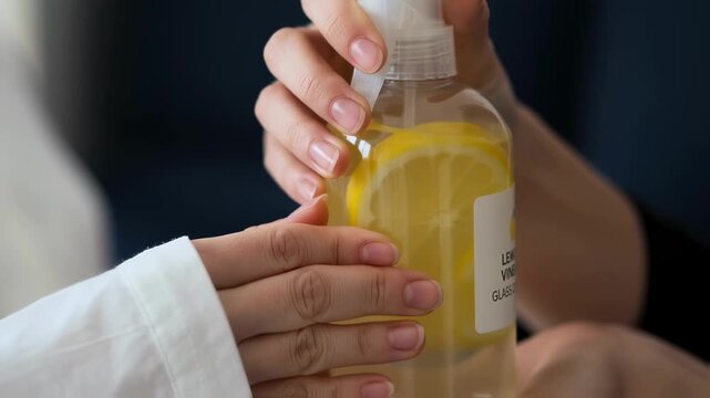 Hands holding a spray bottle with natural lemon and vinegar cleaner ready for use on glass surfaces promoting sustainable cleaning solutions.
