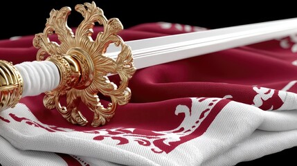 Elegant sword resting on a luxurious red and white decorated fabric, showcasing intricate details and craftsmanship, perfect for display or ceremonial use