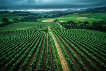 Lush green fields with rolling hills create a picturesque view.