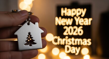 Naklejka premium Hand holding house key with Christmas tree charm, bokeh background reads 
