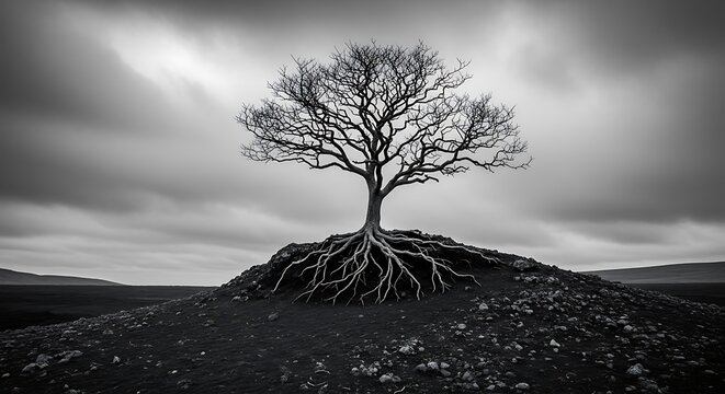Striking black and white image of a solitary ancient tree with exposed roots on a hill - Powered by Adobe