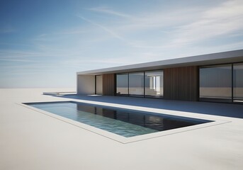 Tranquil modern villa retreat with pool reflecting blue sky above