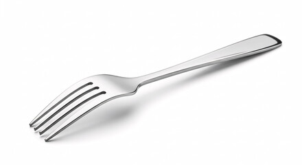 A single, polished metal fork with four tines, isolated on a clean white background, showcasing its elegant design and reflective surface