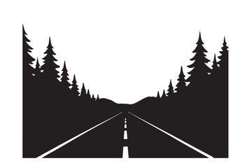 Open Road into Nature: A silhouette of a scenic route framed by lush evergreen trees leads the eye towards a captivating horizon, a symbol of endless possibilities and the allure of adventure.