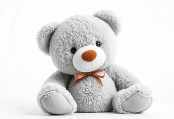 Soft gray teddy bear against pure white backdrop, item, stock photo