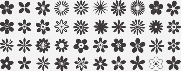 Grid of Black Flower Silhouettes on White Background Keywords: flower, silhouette, icon, floral