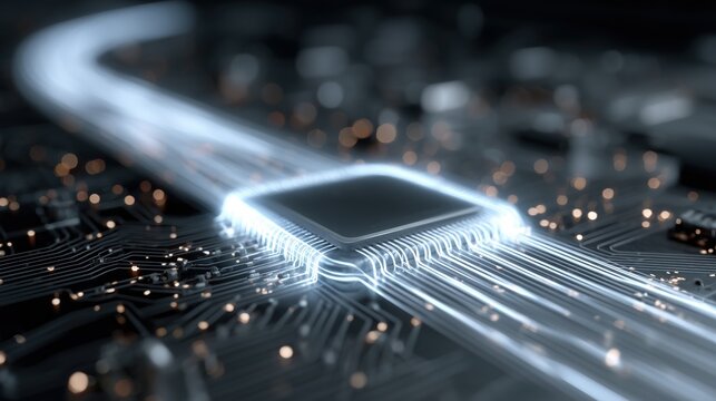 High - Resolution Microchip on Circuit Board with Glowing Connections for Tech Projects