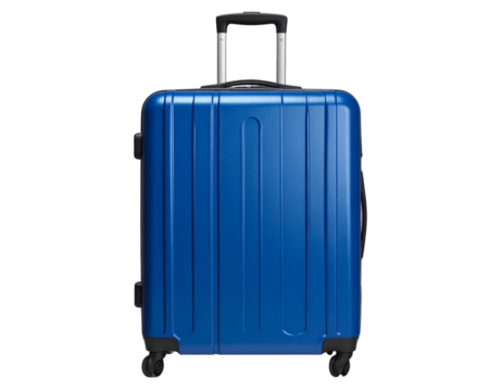Modern Blue Travel Suitcase Standing Upright, Front View, Isolated on Transparent Background