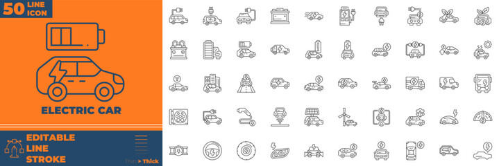 Electric Car Outline Icon Set.