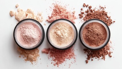 Three makeup powder jars, various shades, scattered powder
