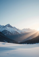 Obraz premium Majestic mountain range at sunrise with golden light over snowy valley. serene, peaceful winter landscape with beautiful scenic view