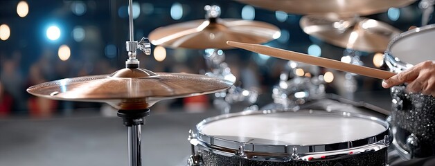 Drummer performing at a lively concert with dynamic energy and colorful lights in the background in a lively urban setting