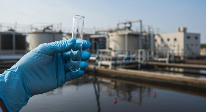 Hand in blue glove holding water sample tube at a modern wastewater treatment plant for environmental analysis.