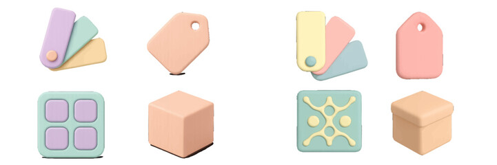 Modern minimalist 3D icons set in soft pastel colors including color swatches, price tags, and square grid elements