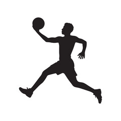 A black silhouette of a basketball player on white Background.
