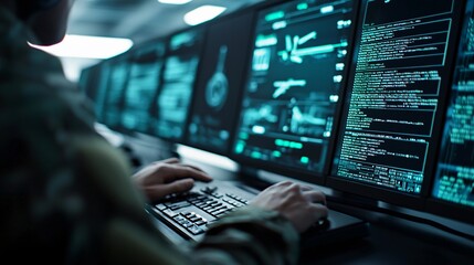 Medium shot of soldier operating counter UAV radar control panel with glowing screens, over the shoulder perspective.