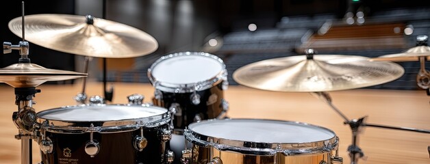 Obraz premium Drum set ready for performance at concert hall, showcasing shiny hardware and polished wooden surface, set for musicians to create captivating rhythms