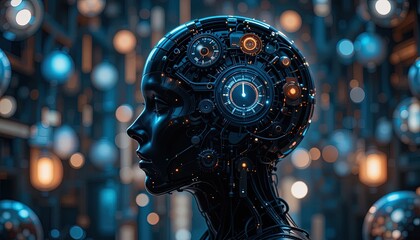 A sophisticated, futuristic depiction of a mechanical head, showcasing intricate inner workings and a serene profile.