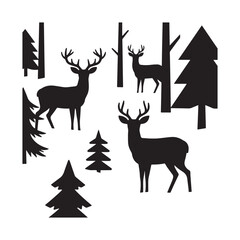 A set of black deer silhouettes with pine trees and a forest scenery. 