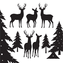 A set of black deer silhouettes with pine trees and a forest scenery. 