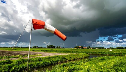 A weather vane in a rural landscape under a stormy sky