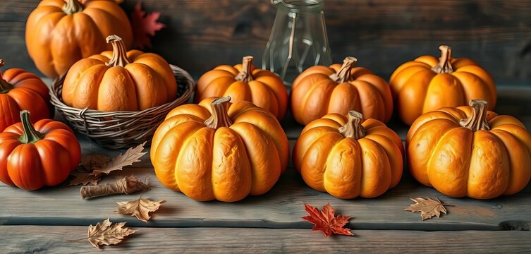 Rustic autumn scene featuring several pumpkin-shaped bread loaves on a wooden table,  table, pumpkin bread