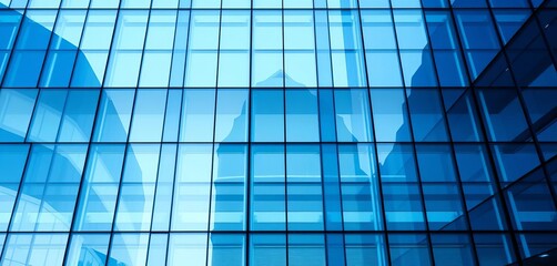 Fototapeta premium Sleek blue glass facade, modern architecture, reflective windows, city, reflection