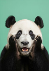 Naklejka premium Surprised Panda On Flat Mint Green Backdrop Holding Cheeks With Paws, Mouth Eyes Wide Open. Disbelief, Panic, Shock, Exaggerated Comical Emotion Reaction. Mental Health Awareness Day, Vertical Layout