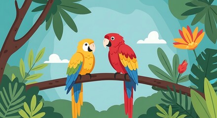 Tropical Parrots Jungle Branch.