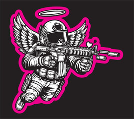 A Vector Illustration of Cupid Angel wear Tactical gear drawing line art 