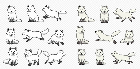 Arctic fox in various poses;  a collection of cartoon illustrations.